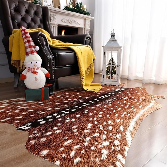 AROGAN Premium Deer Print Rug 6.2x7 Feet, Machine Washable Faux Fur Rug, Non-Slip Animal Print Hide Deer Skin Area Rug for Bedroom Living Room Home Decor
