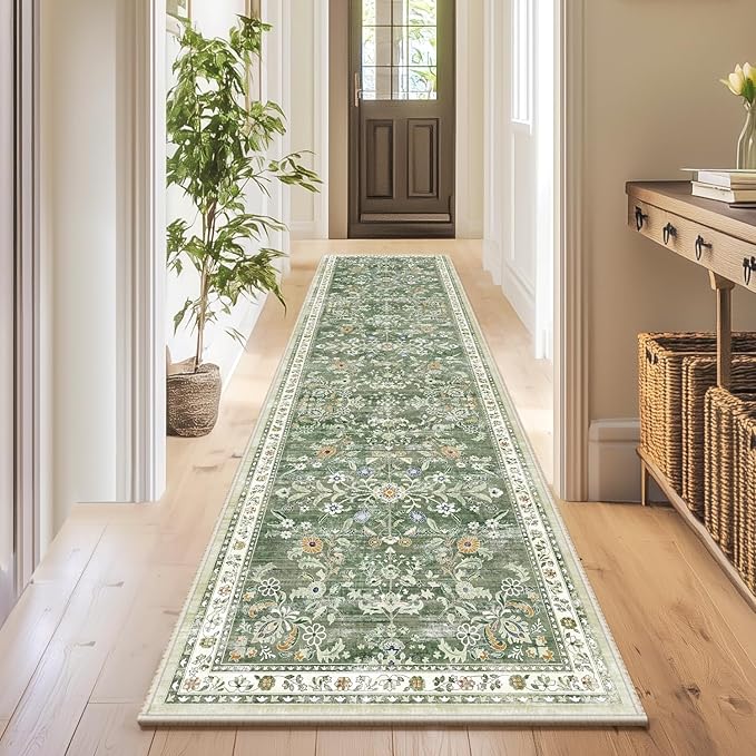 Yamaziot Washable Runner Rug 2x6 – Non Slip Boho Floral Hallway Runner Rug with Rubber Backing, Low Pile Faux Wool Distressed Carpet for Kitchen, Laundry, Bedroom, Entrance, Mottled Green