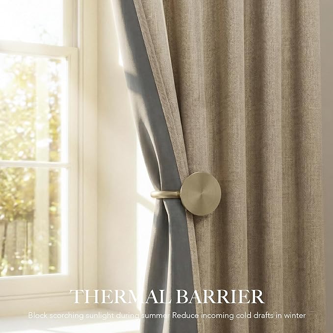 RYB HOME 100% Blackout Linen Textured Curtains for Bedroom, Farmhouse Thermal Insulated Window Curtains for Living Room Dining Patio Sliding Glass Door, Wide 52 x Long 102 inch, Burlap, 2 Panels