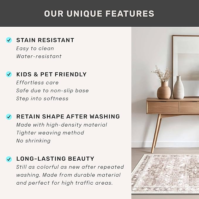 Hazo Haus Boho Bathroom Rug 2x5 Runner, Neutral Farmhouse Kitchen Rugs, Small Throw Runners for Laundry Room Bedroom, Vintage Floral Décor, Non-Slip Low-Pile Washable Stain Resistant Beige Latte