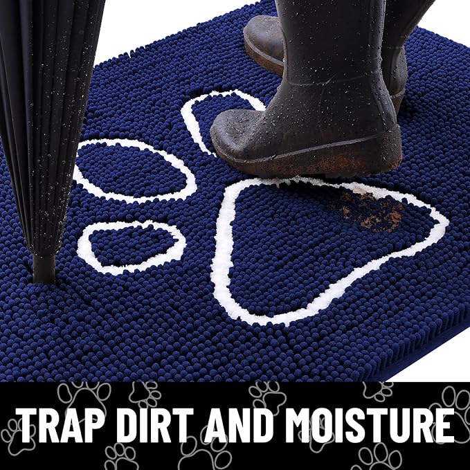 Smiry Dog Door Mat for Muddy Paws, Absorbent Dirt Trapper Non Slip Quick Dry Washable Chenille Mat for Mud Dogs, Entry Rug for Indoor and Outdoor (47x32 Inches, Navy Blue and White)