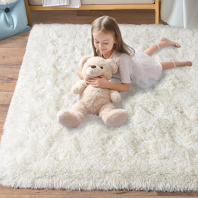 Pionblank 8x10 Rug for Living Room, Fuzzy Plush Large Area Rug, Fluffy Modern Shag Non Slip Soft Furry Carpet for Bedroom Kids Room Nursery Teens Dorm Home Decor, Cream White