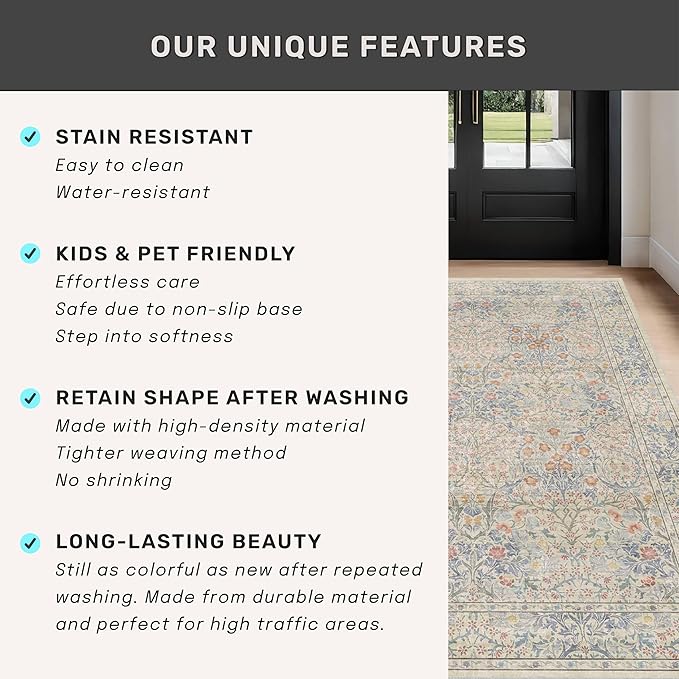 Beige Blue Washable 2x8 Runner Rug for Bathroom, Hallway, Kitchen, Non-Slip & Stain Resistant 8ft Long Entryway Floor Rug, Retro Boho Floral Décor