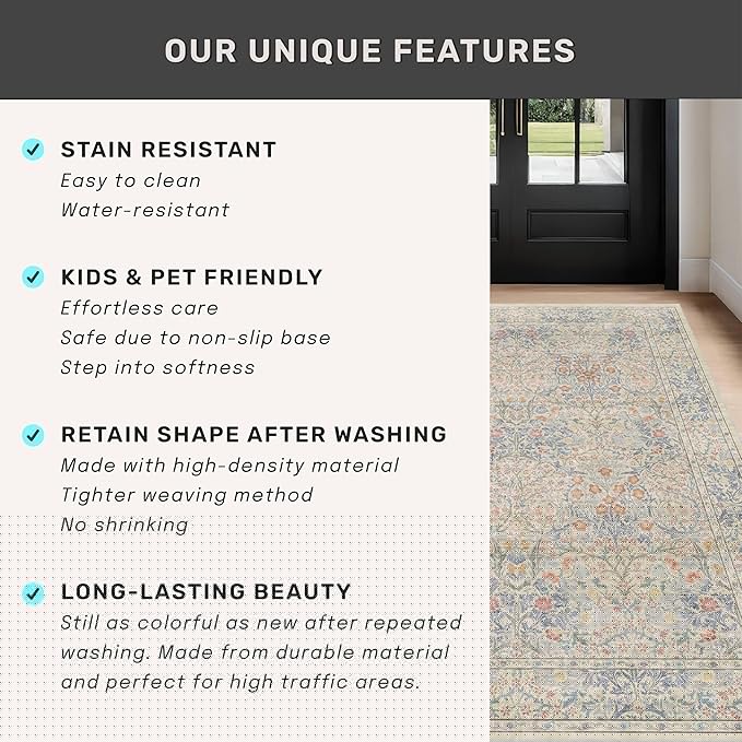 Large 3x6 Entryway Rug Indoor - Washable Non-Slip Low Pile Stain Resistance Ultra Soft Area Rug for Large Kitchen, Bedroom Beside Bed - Vintage Floral Beige Blue Home Decor