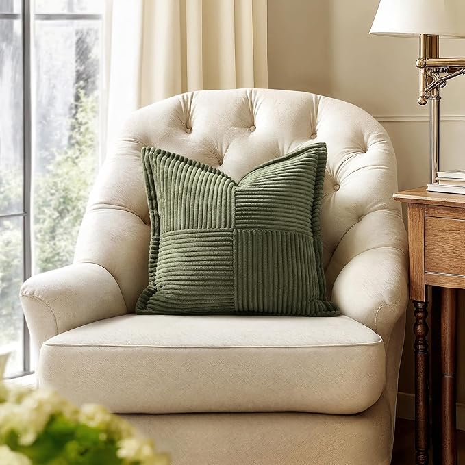 MIULEE Olive Green Corduroy Pillow Covers 16x16 Inch with Splicing Set of 2 Soft Boho Striped Pillow Covers Broadside Decorative Textured Summer Pillowcases for Couch Cushion Bed Livingroom
