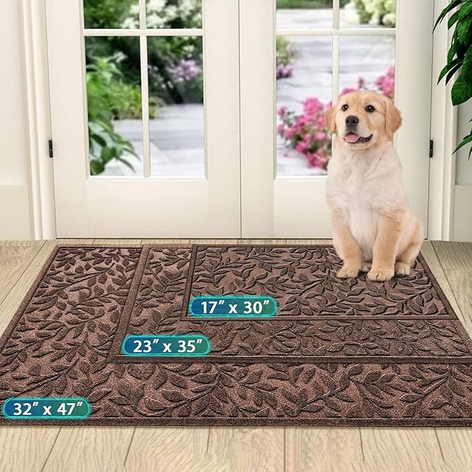Bulijojo Sturdy Front Entrance Doormats,Durable Heavy Duty Welcome Mat,Thick Absorbent Natural Rubber Non Slip Mat,Easy Clean Entryway Mat Leaves Brown, 47" x 32"