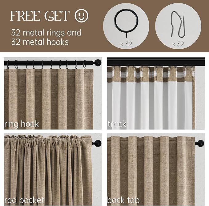 Topfinel Extra Long Total Blackout Linen Curtains 108 Inches Long for Living Room Large Window with Hooks Rings, Pinch Pleated Cold Blocking Acoustic Heavy Taupe Track Curtains 2 Panels 9 FT