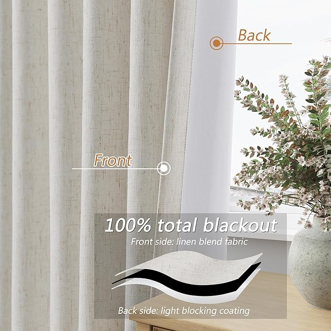 Guken Boho 100% Blackout Linen Curtains 84 Inch Long 2 Panels Set for Living Room Bedroom Black Out Curtain with Back Tab Room Darkening Winter Thermal Insulated Window Drape, 52x84