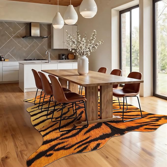 AROGAN Premium Tiger Print Rug 5.2x6.2 Feet, Machine Washable Faux Fur Rug, Non-Slip Animal Print Hide Tiger Skin Area Rug for Bedroom Living Room Home Decor