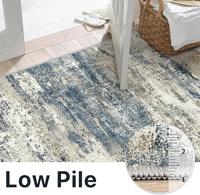 Runner Rug for Hallway Kitchen, 2'6"x10' Machine Washable Runners Rug for Entryway, Soft Modern Abstract Throw Rugs, Low Pile Floor Cover with Non Slip Backing, Navy Beige