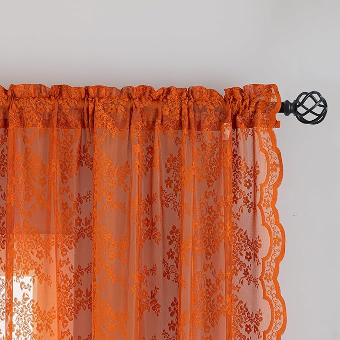 YJ YANJUN Vintage Lace Curtains 96 Inches Long- Rust Floral Terracotta Bay Window Curtains for Bedroom Living Room Rod Pocket Light Filtering 8 FT Farmhouse Boho Fall Decor 2 Panels 52Wx96L Orange