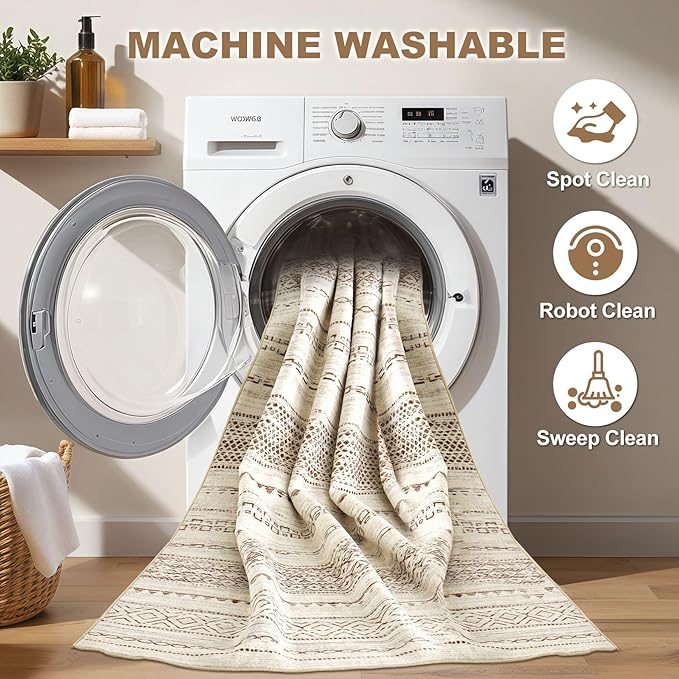 Nakagishi Runner Rug Kitchen Washable Rugs: 2x6 Non-Slip Boho Soft Modern Stain Resistant Indoor Floor Neutral Farmhouse Throw Carpet for Hallway Bathroom Laundry Room Entryway Bedroom- Brown