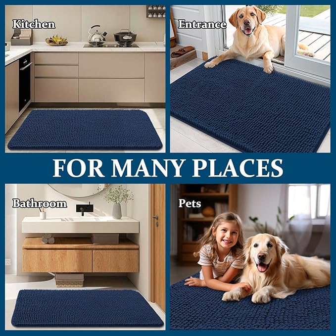OLANLY Dog Door Mat for Muddy Paws 70x46, Absorbs Moisture and Dirt, Absorbent Non-Slip Washable Doormat, Quick Dry Chenille Mud Mat for Dogs, Entry Indoor Entryway Carpet for Inside Floor, Dark Blue