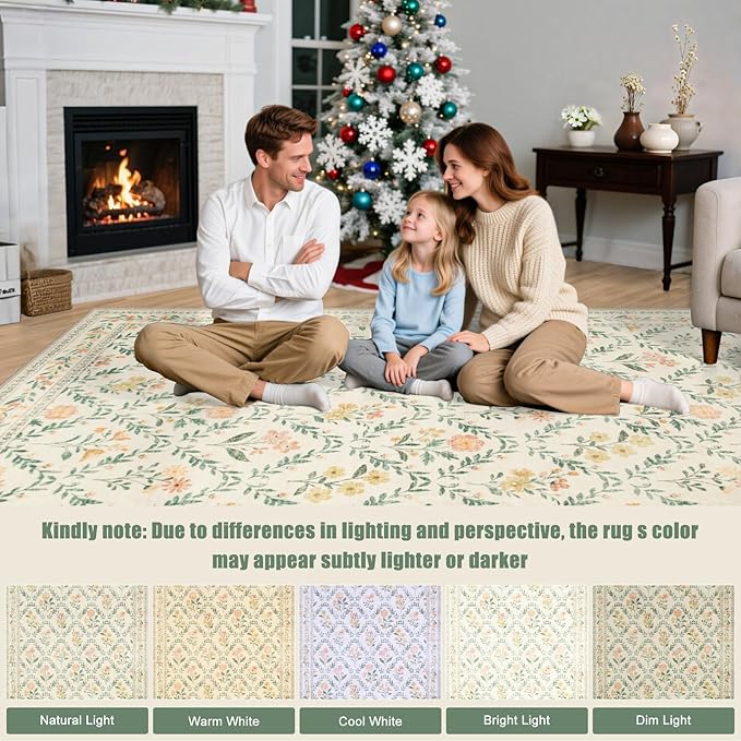 Round Area Rug for Living Room: 6 ft Floral Washable Circle Rug Soft Non-Slip Carpet Indoor Stain Resistant Low Pile Small Circular Rug for Bedroom Entryway Kitchen Nursery Home Office Beige/Multi