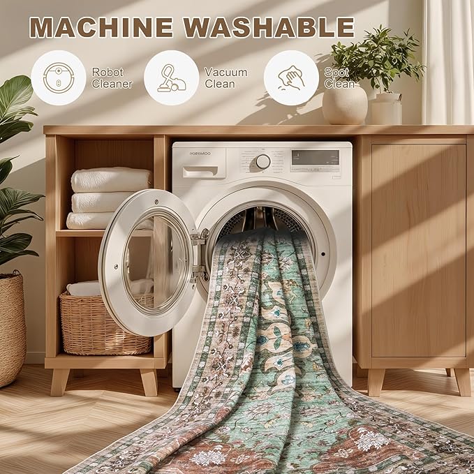 6x9 Area Rugs Living Room Rug: Washable Vintage Distressed Floral Rug No Slip Stain Resistant Soft Carpet Indoor Floor Large Carpets for Bedroom Dining Room Farmhouse Nursery Home Office Brown Green