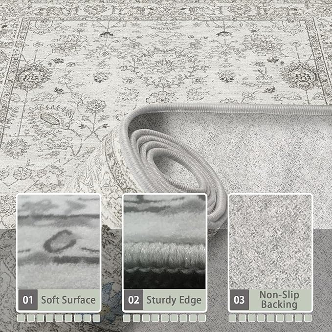 Grey Floral Rug for Entryway, 2x3 Washable Kitchen Mat Ultra-Thin Soft, Non-Slip Indoor Door Carpet Stain Resistant Boho Small Low-Pile Throw for Bathroom Bedroom (2 x 3, Grey)