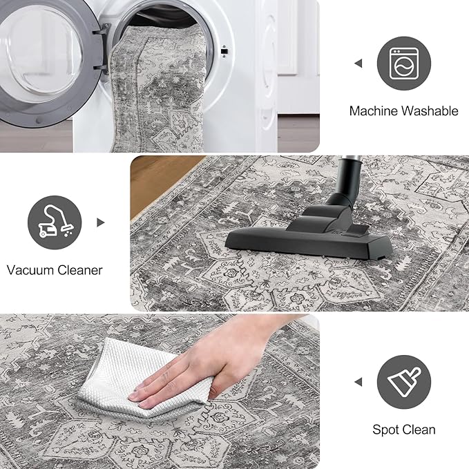 Yamaziot Washable Runner Rug, 2x10 Non-Slip Boho Vintage Hallway Rug Runner with Rubber Backing, Stain Resistant & Distressed Carpet Runner for Bedroom, Kitchen, Laundry, Entrance