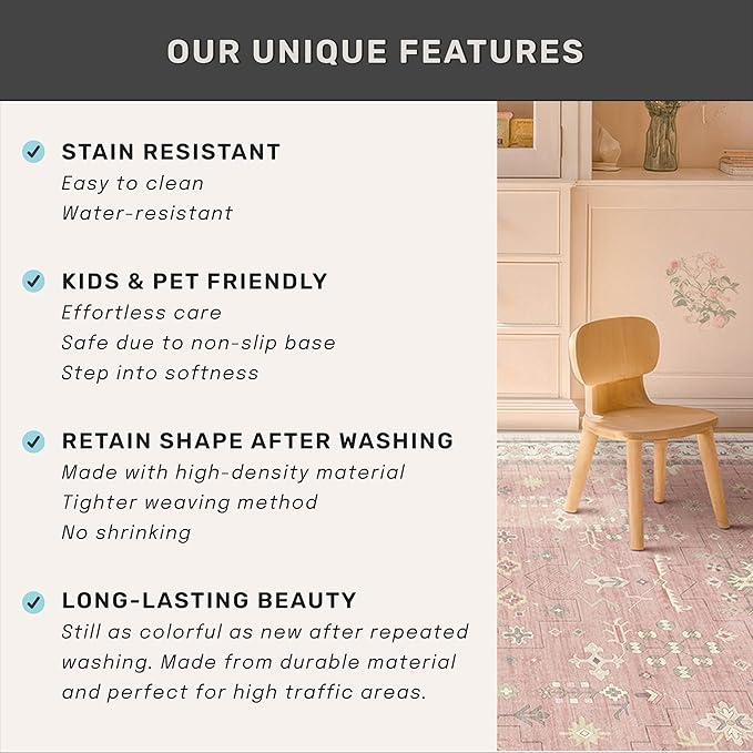 Hazo Haus Pink Washable 6x9 Rug for Bedroom - Nursery Floral Girls Room Rug Machine Washable Non Slip Kids Playroom Mat, Cute Girly Thin Low Pile Stain Resistant Living Room Decor