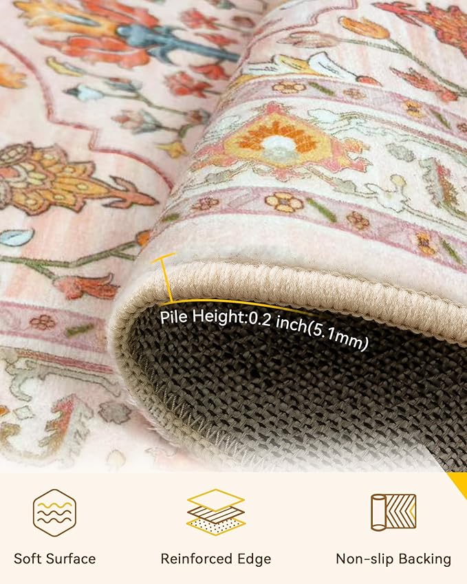 RELEANY Area Rugs Square 8ft Washable Non-Slip, Floral Vintage Distress Print Pattern Medallion Carpet for Living Room Bedroom Dining Room, Light Pink Colorful