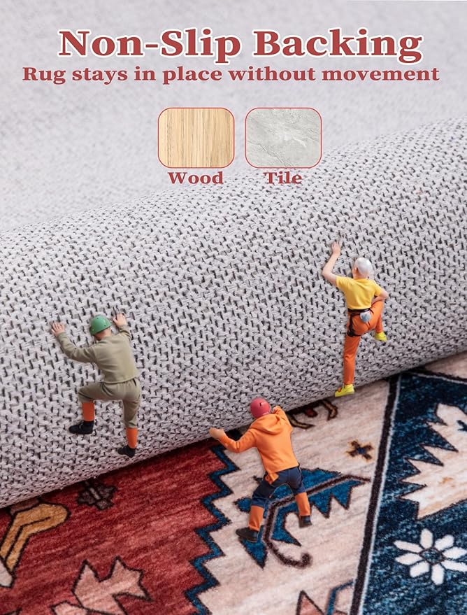 SERISSA Runner Rug for Hallways, 2'6"x14' Washable Non Slip Kitchen Runner Rug, Extra Long Boho Rug Ultra Soft Vintage Rust Print Floor Carpet for Bedroom Hallway Entryway Bathroom Laundry Room