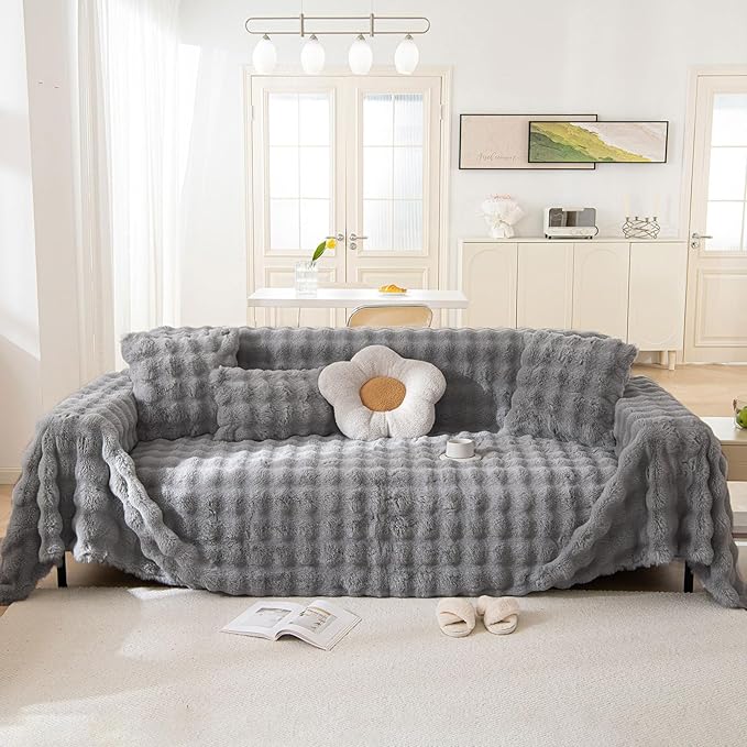 HANDONTIME Faux Fur Plush Sofa Covers for Couch Washable Rabbit Plush Couch Cover Cozy Faux Fur Sectional Covers for Dogs Fluffy Plush L Shaped Sofa Cover Pet Couch Protector, Dark Grey, 71" X118"