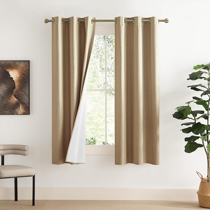 NICETOWN 100% Absolutely Blackout Linen Curtains with Thermal Insulated White Liner, Camel, W34 x L70, 2 Panels, Long Curtains 70 inch Length for Patio Door, Doorway, Office, Overnight Shiftworker