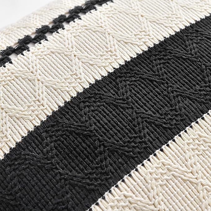 Fancy Homi Set of 1 Boho Black Decorative Throw Pillow Cover 22x22 Inch for Couch Bed Sofa, Aesthetic Modern Organic Farmhouse Home Decor, Soft Cotton Cute Accent Macrame Woven Cushion Case