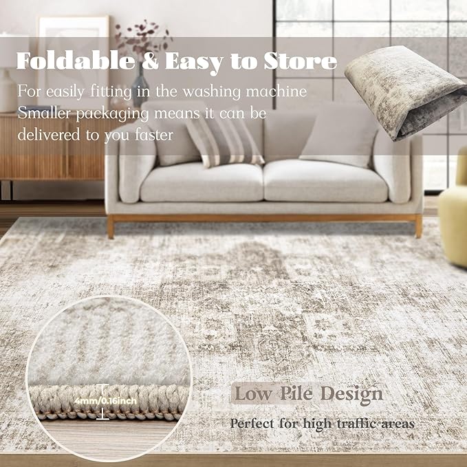 Area Rug 6x9 Washable Rug, Vintage Boho Medallion Rugs Non-Slip Soft Low Pile Large Distressed Rug Indoor Retro Carpet for Living Room Bedroom Dining Room Home Office (Taupe, 6'x9')