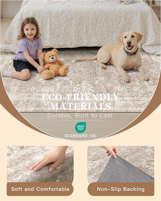 Madane 2x3 Washable Rugs for Entryway, Low Pile Non-Slip Small Area Rug Kitchen Door Mat, Vintage Soft Throw Neutral Rug Floor Mat for Indoor Front Entrance Bathroom Hallway (2 x 3, Brown/Sand)