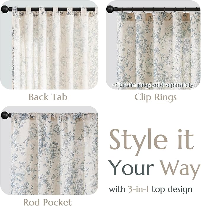 jinchan Linen Blend Curtain Floral Curtains for Living Room 90 Inch Length Blue Printed Curtain Rod Pocket Back Tab Farmhouse Peony Flower Patterned Drapes Bedroom Window Curtains Set 2 Panels
