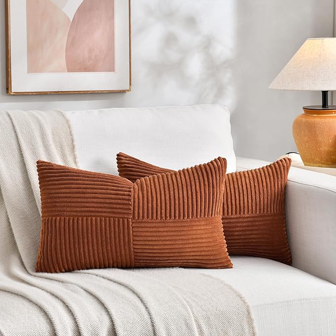 Fancy Homi 2 Packs Rust Lumbar Decorative Throw Pillow Covers 14x22 Inch for Living Room Couch Sofa, Rustic Farmhouse Boho Home Decor, Soft Striped Corduroy Rectangle Accent Terracotta Cushion Case