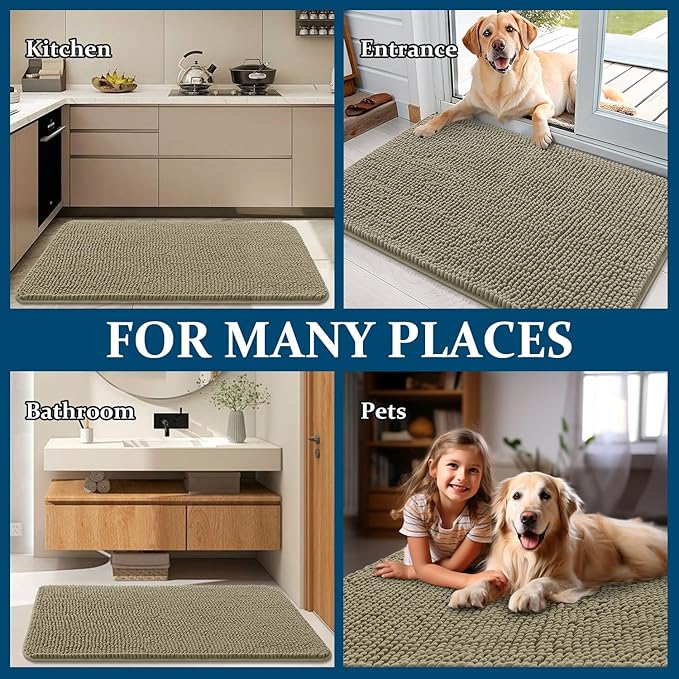 OLANLY Dog Door Mat for Muddy Paws 32x20, Absorbs Moisture and Dirt, Absorbent Non-Slip Washable Doormat, Quick Dry Chenille Mud Mat, Entry Indoor Entryway Carpet for Inside Floor, Warm Taupe