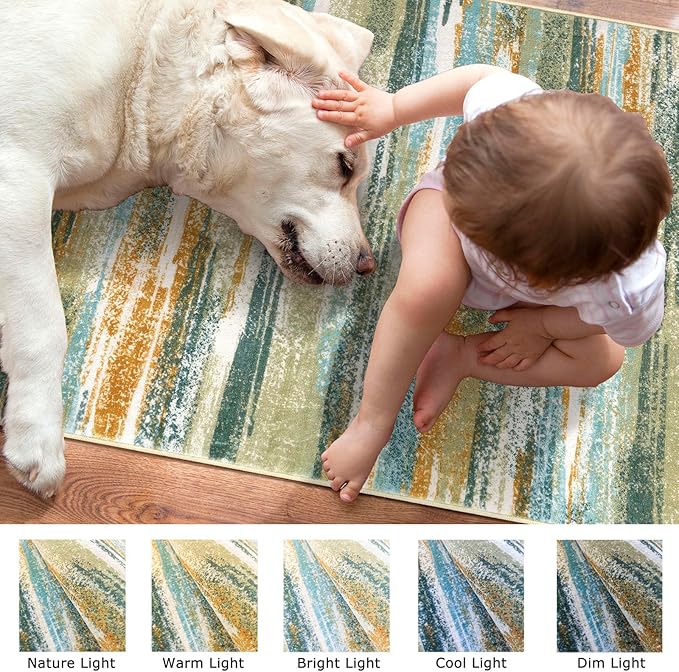 Lansny Modern Abstract 6x9 Machine Washable Living Room Rug Non-Slip Soft Bedroom Area Rug Green Mustard Multi Ultra Thin Print Faux Wool Floor Carpet Throw Rug for Nursery Playroom Dining Room Indoor