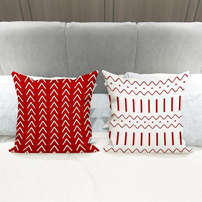 YCOLL Christmas Pillow Covers 16x16 Set of 4, Modern Sofa Throw Pillow Cover for Christmas Decor, Decorative Outdoor Linen Fabric Pillow Case for Couch Bed Car, Red