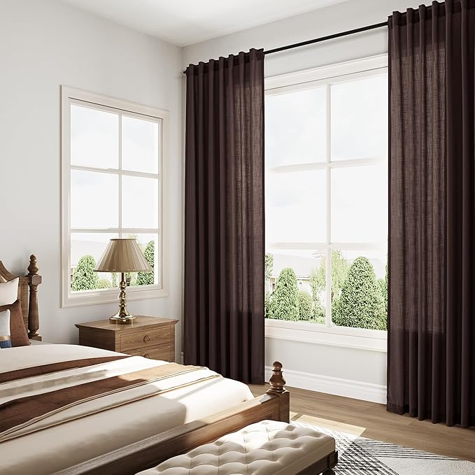 Coffee Brown Linen Curtains 80 Inch Length for Living Room Light Filtering Semi Sheer Curtain Back Tab Rod Pocket Luxury Modern Rustic Home Decor Neutral Drapes for Bedroom Dinner Room 52x80, 2 Panels