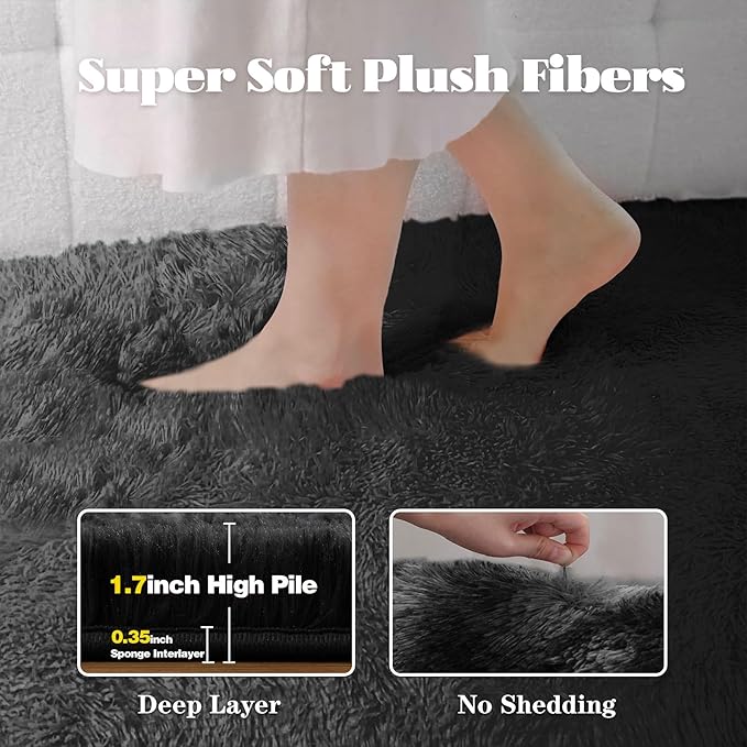 2x6 Runner Rug for Bedroom: Fluffy Shag Soft Washable Rugs Small Fuzzy Plush Indoor Carpet for Hallway Bedside Dorm Kids Girls Boys Room (Black, 2'x6')