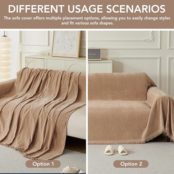 Couch Cover for Dogs, Boho Sofa Covers for 2 Cushion Couch, Chenille Sofa Slipcover for Pets Washable, L-Shape Sectional Couch Loveseat Cover Soft Throw Blankets with Tassels(71x102,Khaki)
