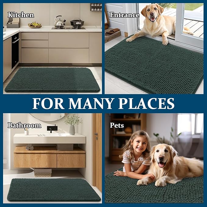 OLANLY Dog Door Mat for Muddy Paws 48x30, Absorbs Moisture and Dirt, Absorbent Non-Slip Washable Doormat, Quick Dry Chenille Mud Mat, Entry Indoor Entryway Carpet for Inside Floor, Blackish Green