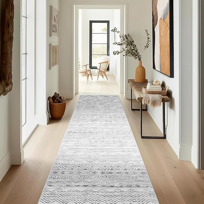 Washable Moroccan Hallway Runner Rugs - 2'6''x16' Non Slip Kitchen Rug Soft Floor Carpet Rubber Backing Vintage Long Mat with Low Pile Rugs for Living Room Entryway Farmhouse 2'6''x16' Gray