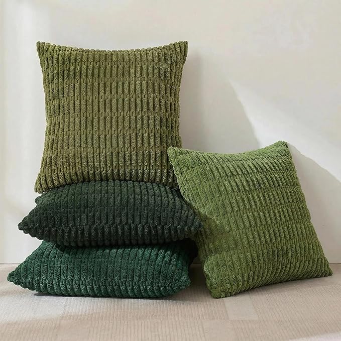 Fancy Homi Set of 4 Green Boho Decorative Throw Pillow Covers 16x16 Inch for Couch Bed Sofa, Aesthetic Modern Bohemian Room Decor, Soft Fuzzy Fluffy Cozy Corduroy Cushion Case 40x40cm