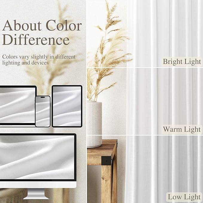Nanspring White Semi Sheer Linen Curtains 73 Inch Length for Living Room 2 Panels Set Back Tab Rod Pocket Drapes Modern Farmhouse Coastal Decor Linen Textured Gauze Curtains for Office 52x73