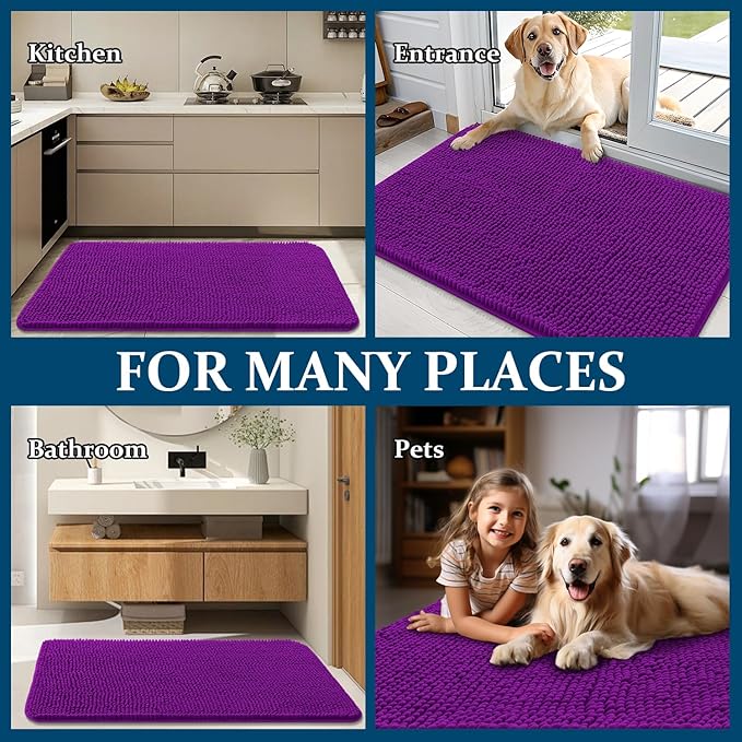 OLANLY Dog Door Mat for Muddy Paws 40x32, Absorbs Moisture and Dirt, Absorbent Non-Slip Washable Doormat, Quick Dry Chenille Mud Mat for Dogs, Entry Indoor Entryway Carpet for Inside Floor, Purple