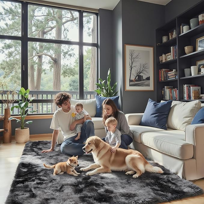 3x5 Rug, Bedside Preppy Dorm Area Rug, College Essentials Grey Small Carpets for Bedroom, Anti Slip Fluffy Gray Living Room Rugs Home Decor Aesthetic(3 x 5, Dark Grey Tie-Dyed)