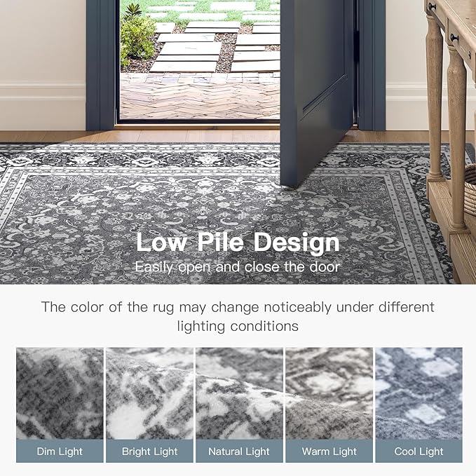 Lofus 6x9 Area Rugs for Living Room, Machine Washable Non-Slip Area Rug, Low Pile Large Rugs for Bedroom, Kitchen, Dining Room, Home Office, Vintage Oriental Print Rug, Light Grey with White