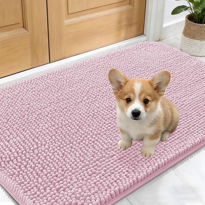 OLANLY Dog Door Mat for Muddy Paws 30x17, Absorbs Moisture and Dirt, Absorbent Non-Slip Washable Doormat, Quick Dry Chenille Mud Mat for Dogs, Entry Indoor Entryway Carpet for Inside Floor, Dusty Rose