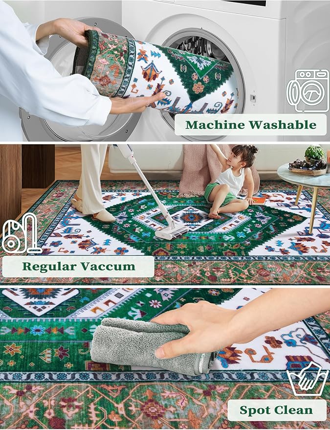 SERISSA Runner Rug for Hallways, 2'6"x10' Washable Non Slip Kitchen Runner Rug, Long Boho Rug Vintage Green White Hallway Stair Ultra Soft Print Floor Carpet for Bedroom Bathroom Laundry Room