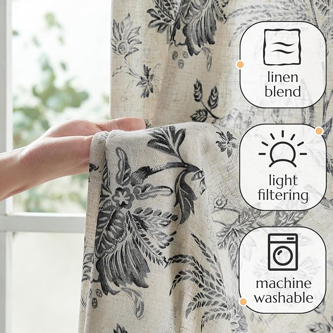 jinchan Linen Floral Curtains for Living Room with Printed Flower 96 Inches Long Light Filtering French Country Back Tab Rod Pocket Black Window Curtain Set Farmhouse Drapes 2 Panels Black