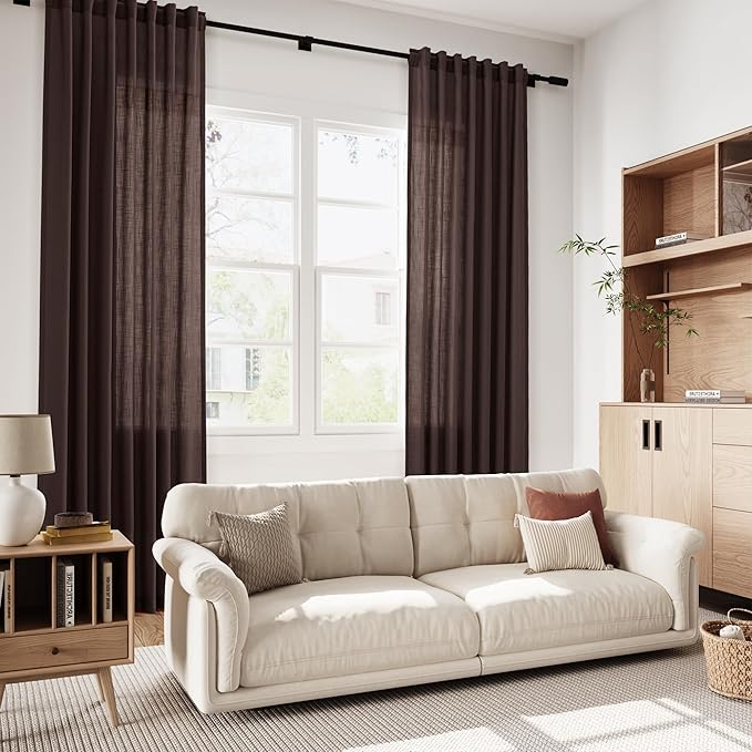 Coffee Brown Linen Curtains for Living Room 98 Inches Long Light Filtering Semi Sheer Curtain Back Tab Rod Pocket Luxury Modern Rustic Home Decor Neutral Drapes for Bedroom Dinner Room 52x98, 2 Panels