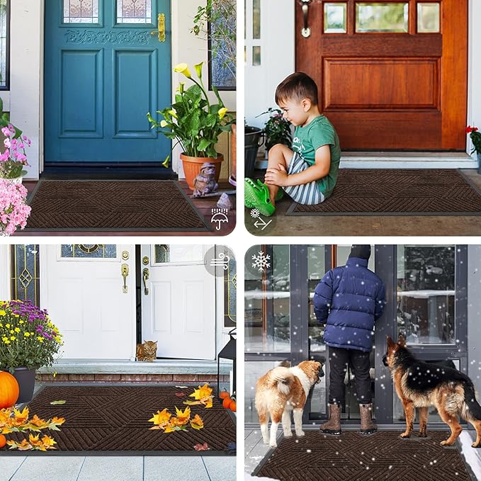 Smiry Front Door Mat Outside Entrance, Heavy Duty Sturdy Natural Rubber Doormat, Trap Dirt and Moisture, Easy Clean Low Profile Mats for Indoor Outdoor Entry, Irregular Triangle (47x30, Dark Brown)