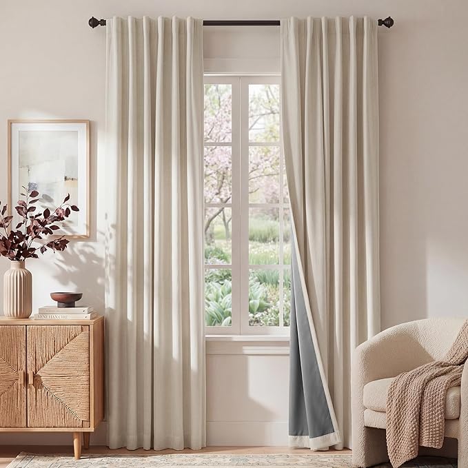 RYB HOME Warm Sand 100% Blackout Curtains for Bedroom, Linen Drapes Back Tab&Rod Pocket, Thermal Insulated Privacy Assurd Curtains for Sliding Glass Doors/Dining/Living Room, W52 x L84, 2 Panels